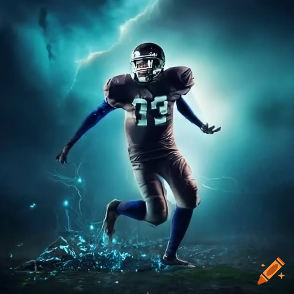 Stormy football player high-stepping with a football