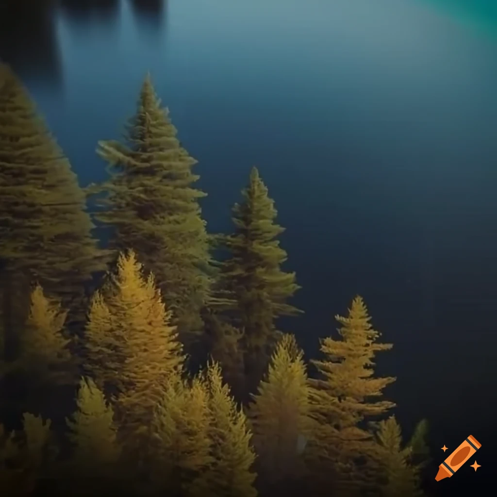 Lake filled with black oil and surrounded by pine trees and berry bushes
