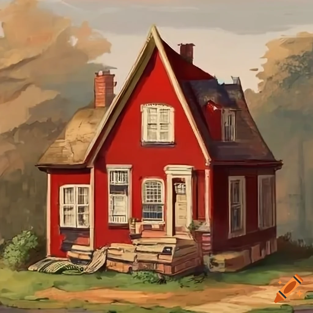 Small red two-story house with a garage and elms