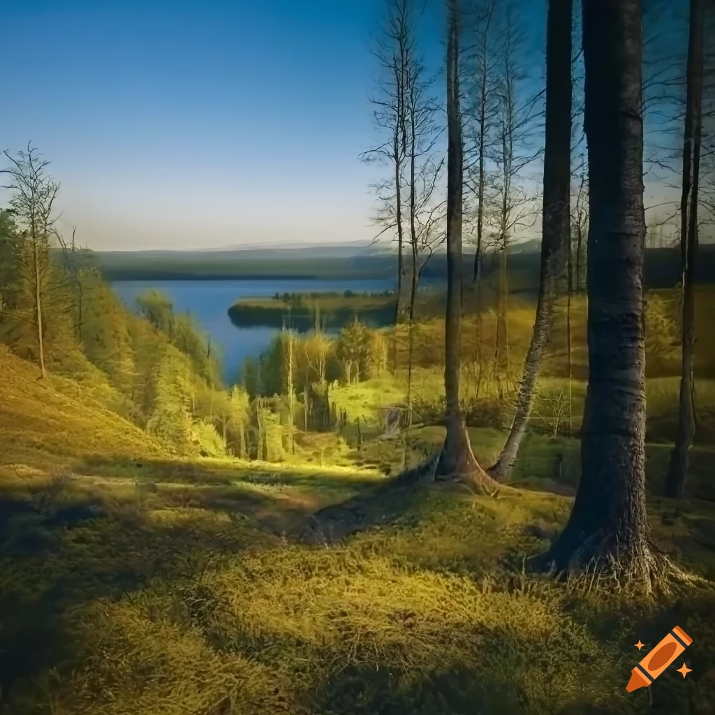 Fairy valley with black lake, trees, mushrooms, and stony hills under a blue sky