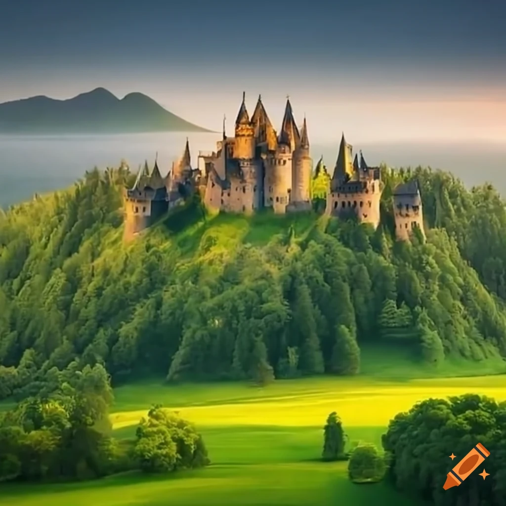 Majestic castle in a lush green meadow from a helicopter view in HD