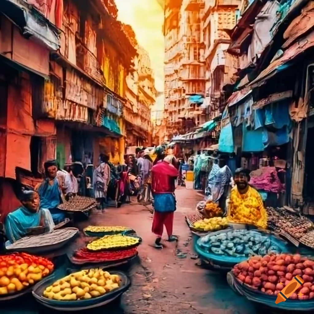 Vibrant and bustling streets with colorful markets in Mumbai, India