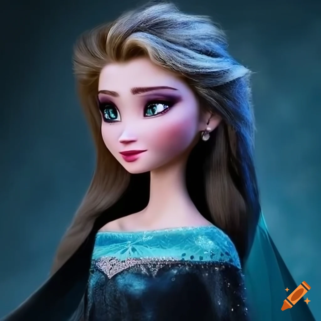 princess polly baby blue dress Elsa from Frozen movie in black dress with black hair on Craiyon