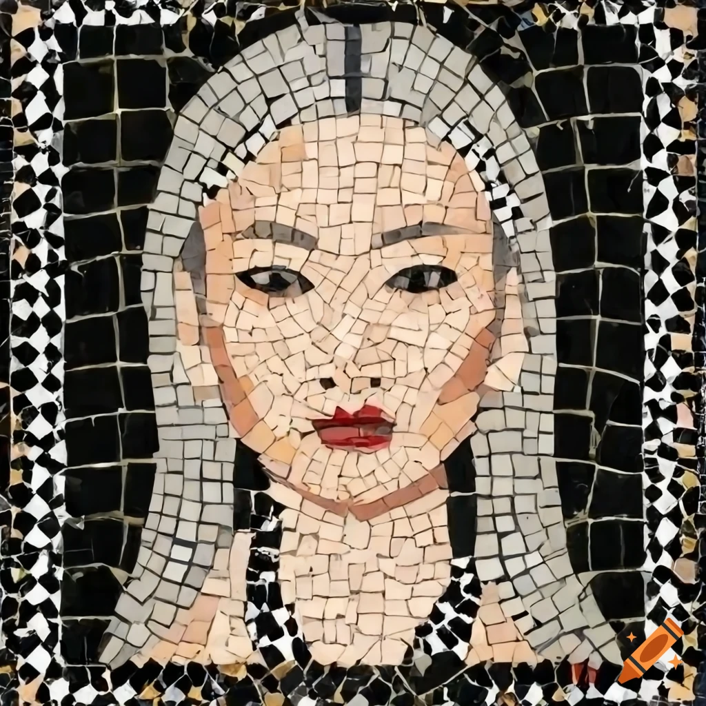 Stone mosaic of Asian woman with platinum blonde hair in Altaic artwork