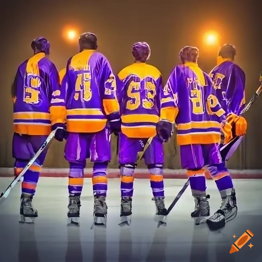 Purple and orange ice hockey team in action