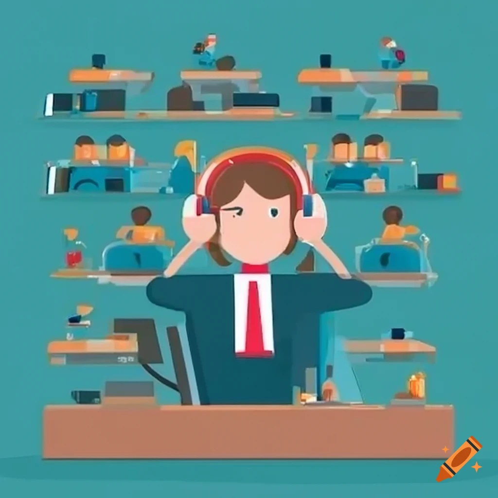 Office workers at desks wearing headphones