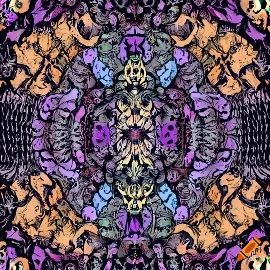 Intricate spooky witch illustration with repeating pattern