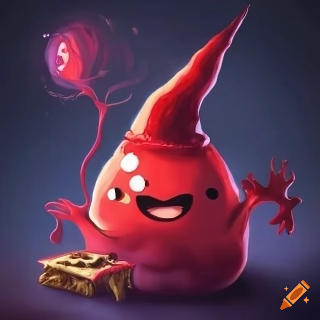 Red slime in wizard hat with magical tome