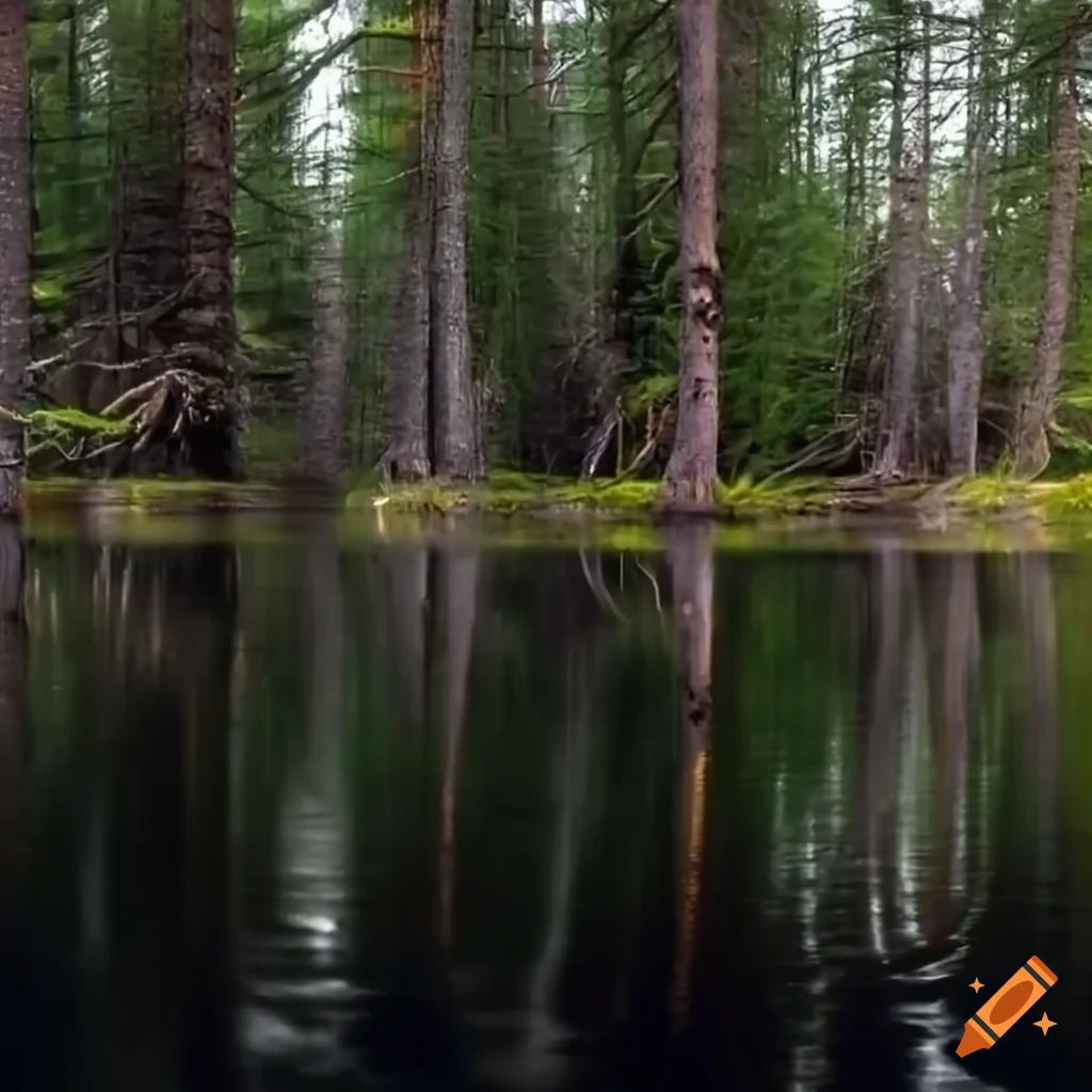 Lake filled with black oil and surrounded by pine trees and berry bushes