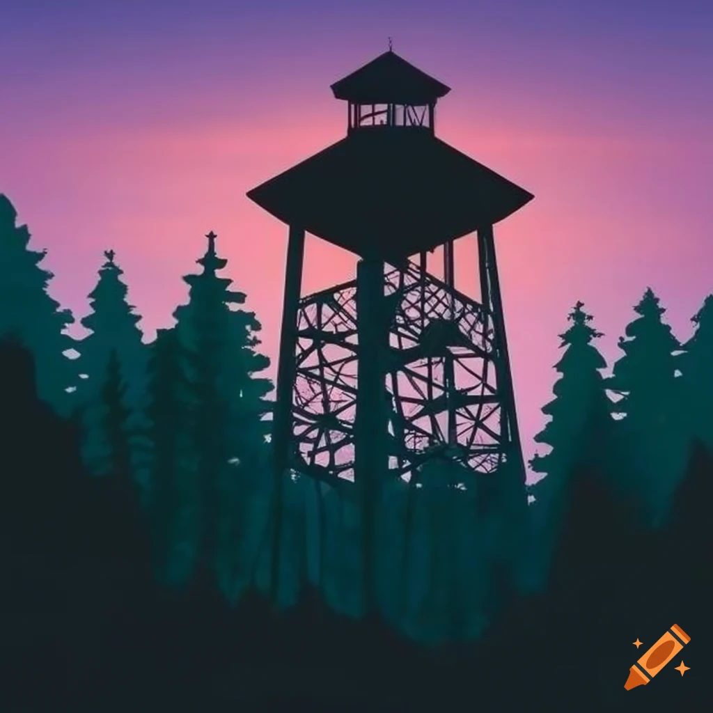Firewatch tower above Woodland tree line with sunset in the background