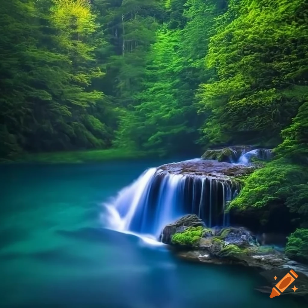 Enchanting night scenery with mountains, forests, river, and waterfall
