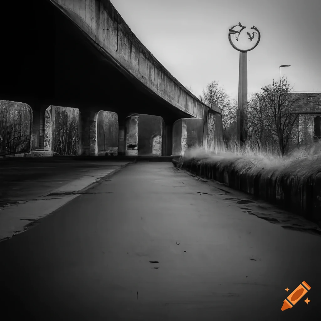 Weathered urban 6-lane concrete arch road bridge