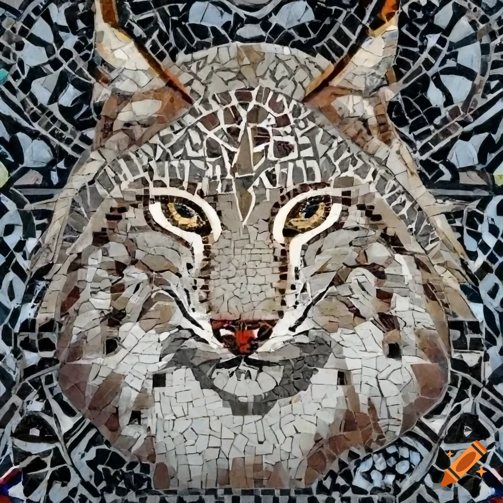 Stone mosaic of a long-haired white lynx with a huge mane in Altaic artwork