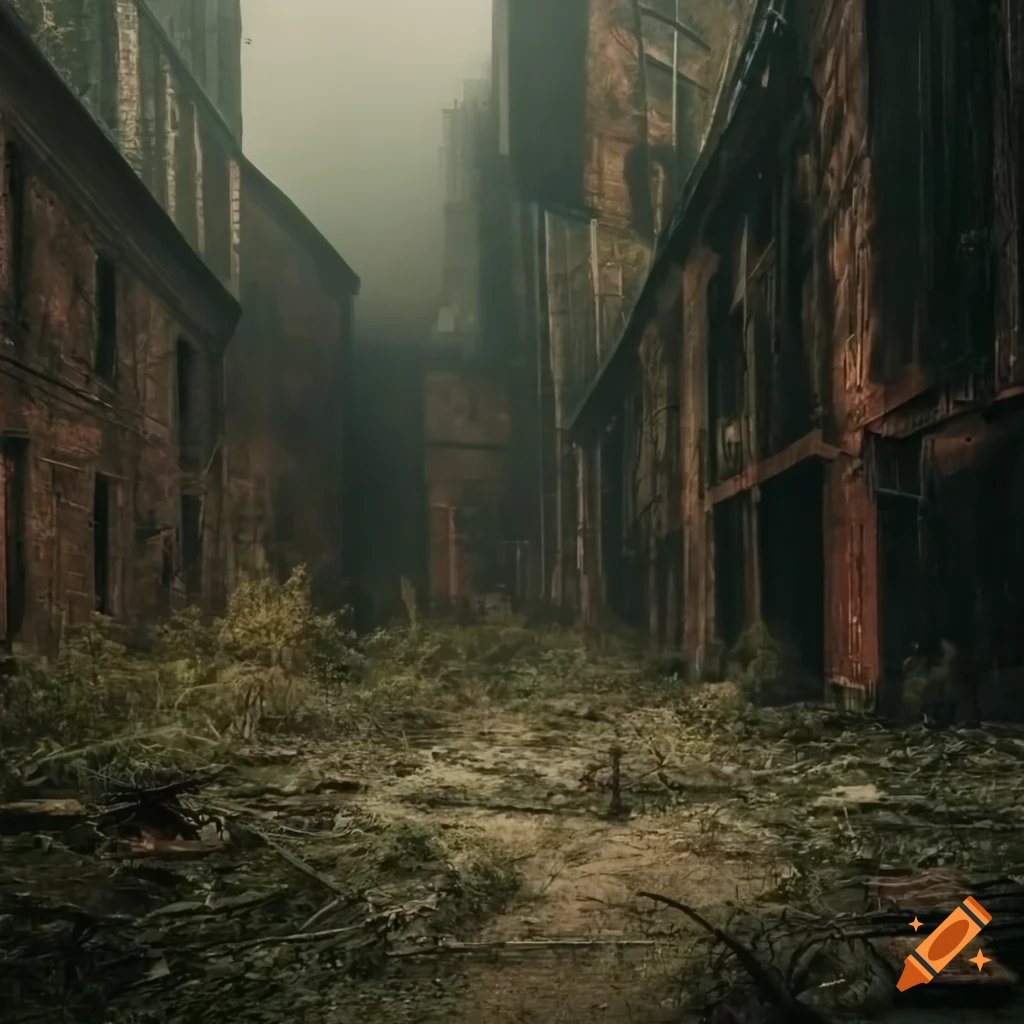 Post-apocalyptic old factory covered in foliage in a misty landscape