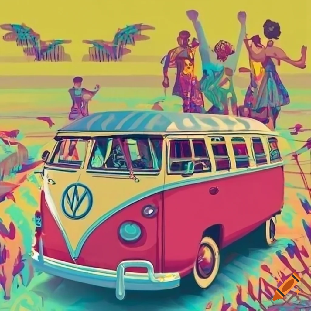 Hippie people dancing in colorful clothes in front of a VW T1 bus in comic style vibrant colors