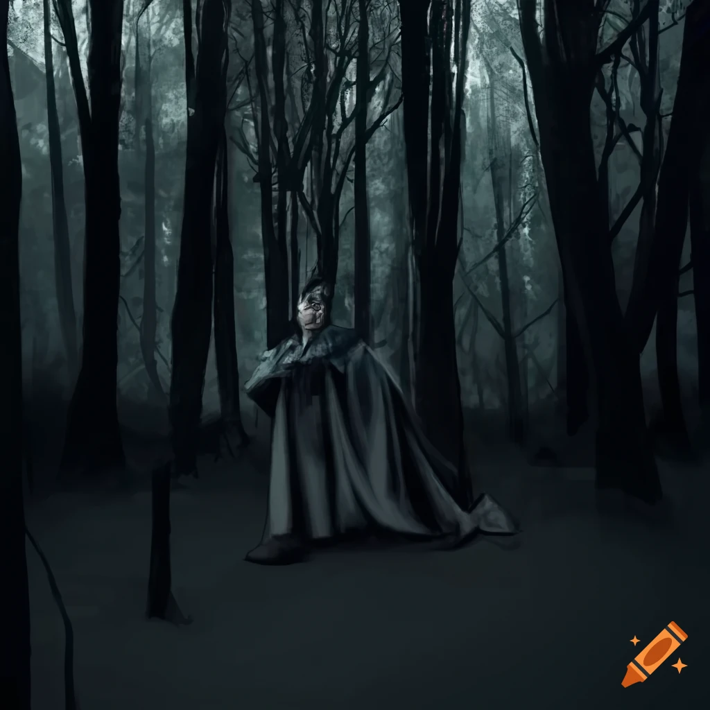 Eerie astral world with transparent spirits in a dark forest