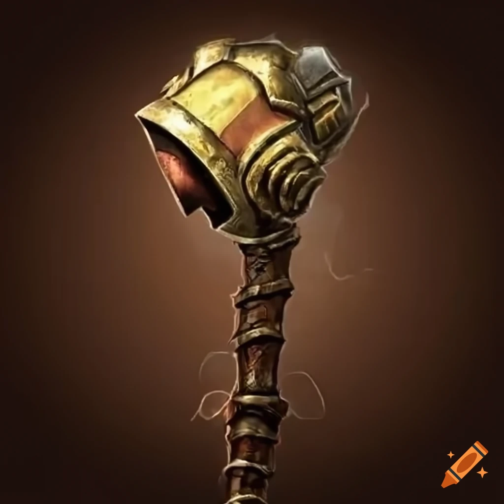 Powerful battle-worn hammer emitting divine heat and energy