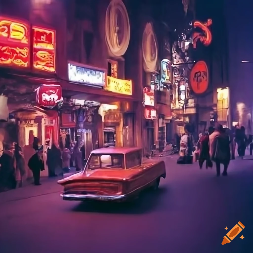 Lively scene of Lalehzar street in Tehran in 1977 with neon lights, clubs, old cars, and happy people