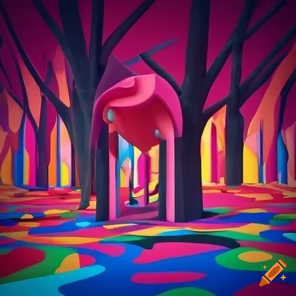 Surreal forest with colorful playground structures