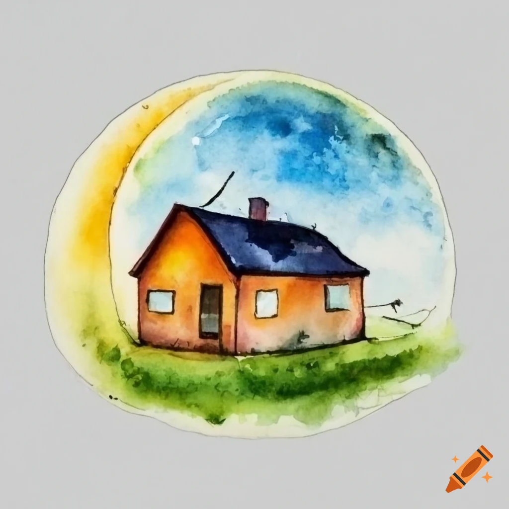 Watercolor drawing of a small house on the moon