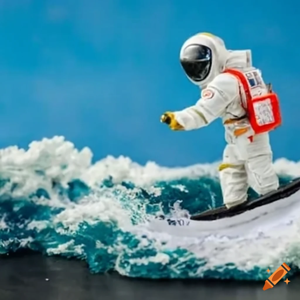 Astronaut surfing a big wave in a miniature diorama