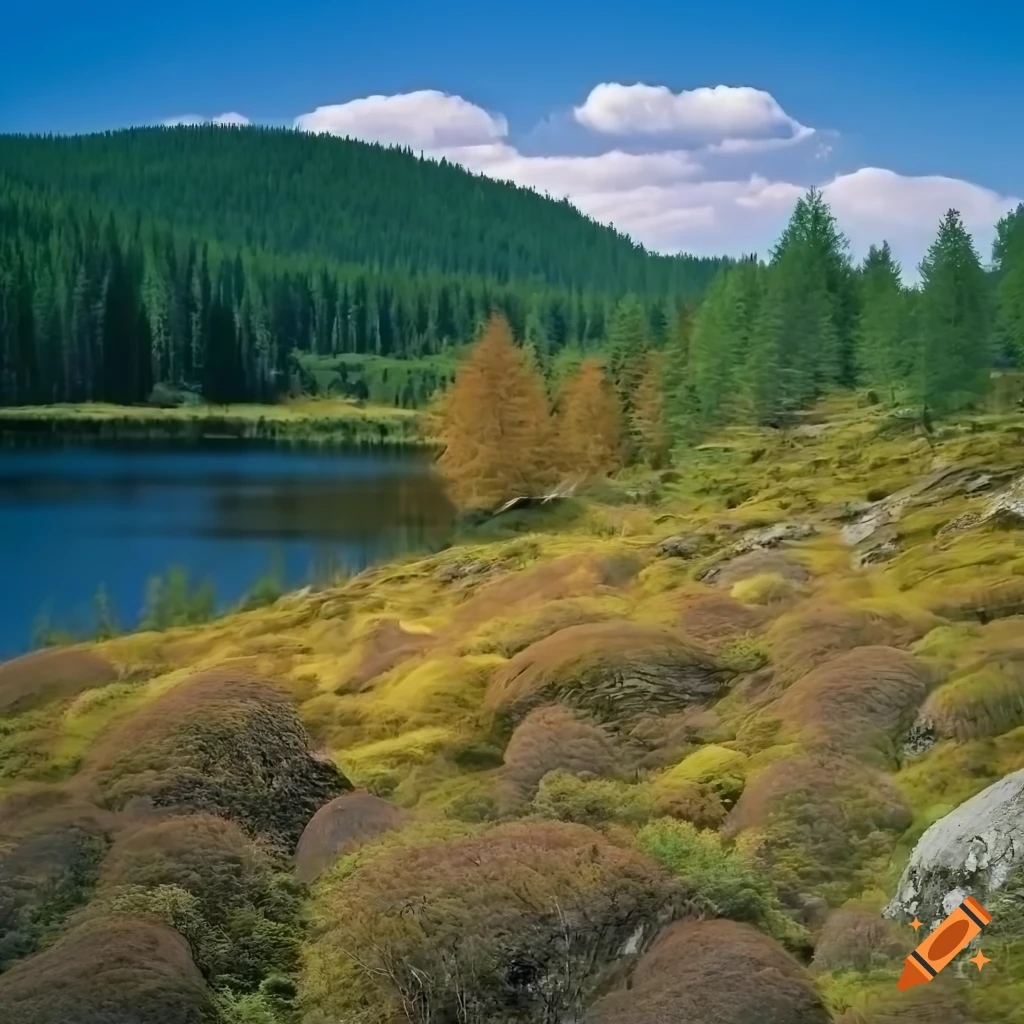 Fairy valley with black lake, trees, mushrooms, and stony hills under a blue sky