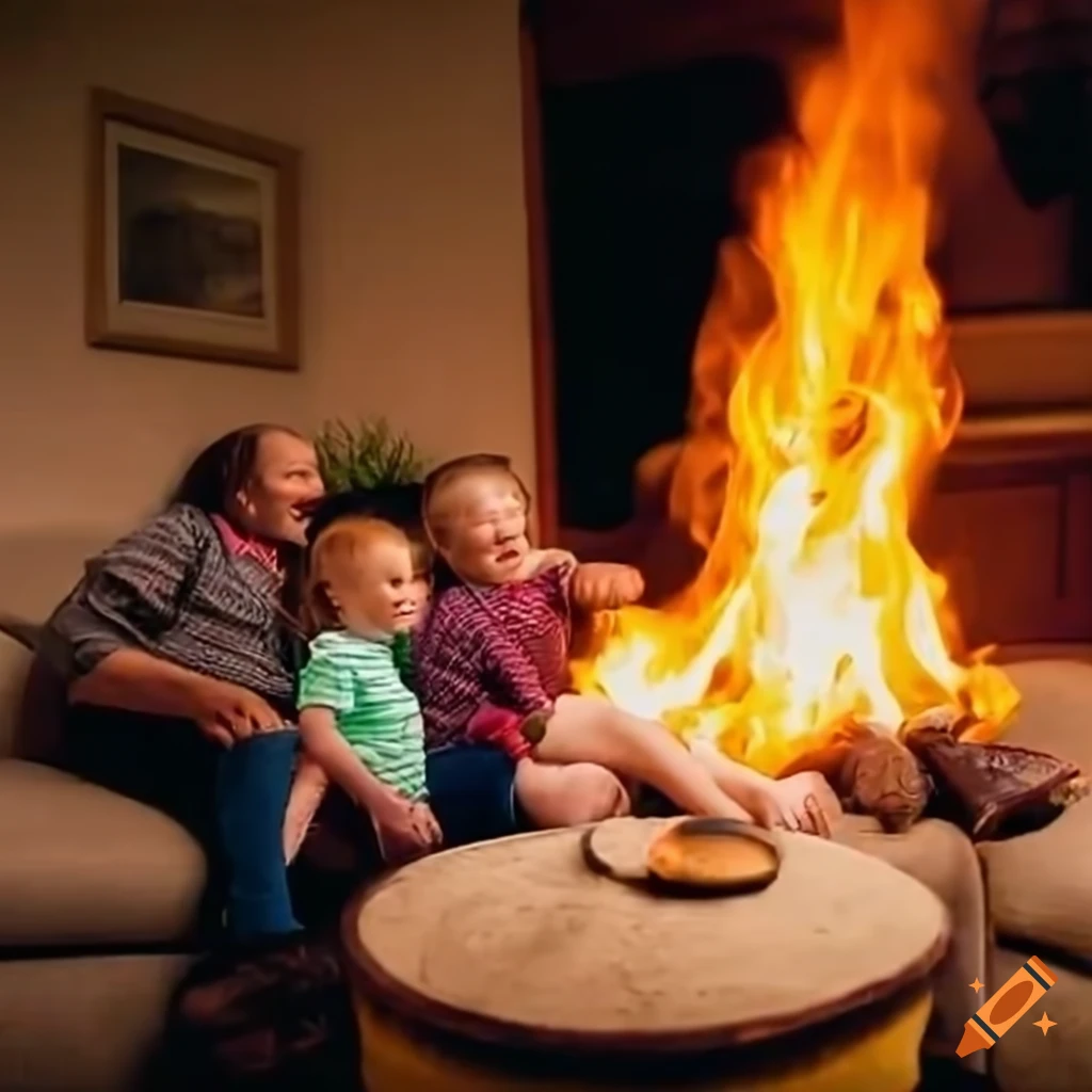 British family laughing in a cozy living room with a fire barrel
