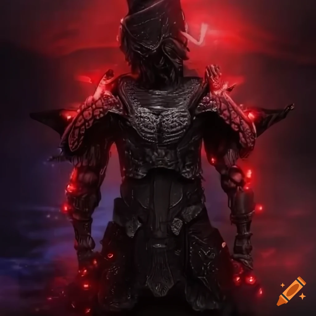 Dark and powerful character with black armor and red energy aura on Craiyon