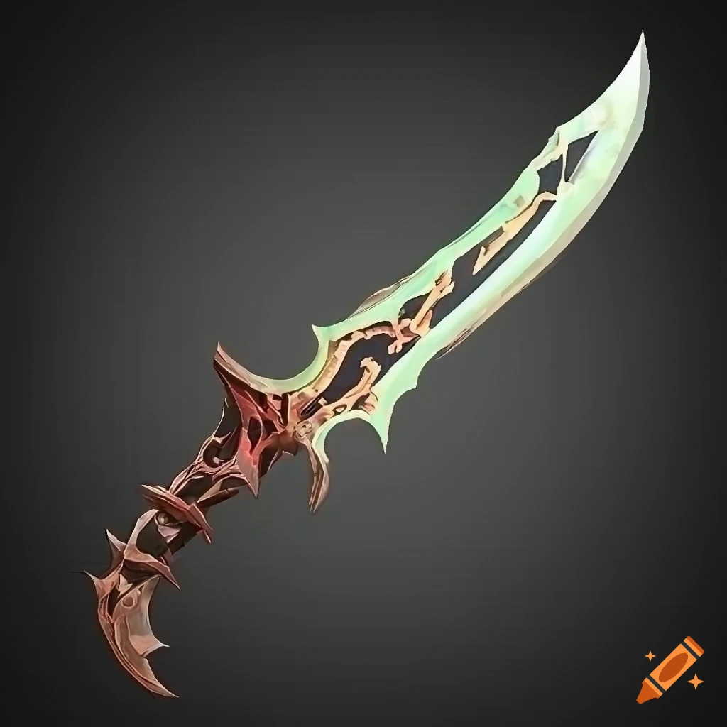 Mythic elite poison scimitar weapon with vertical symmetry on black background