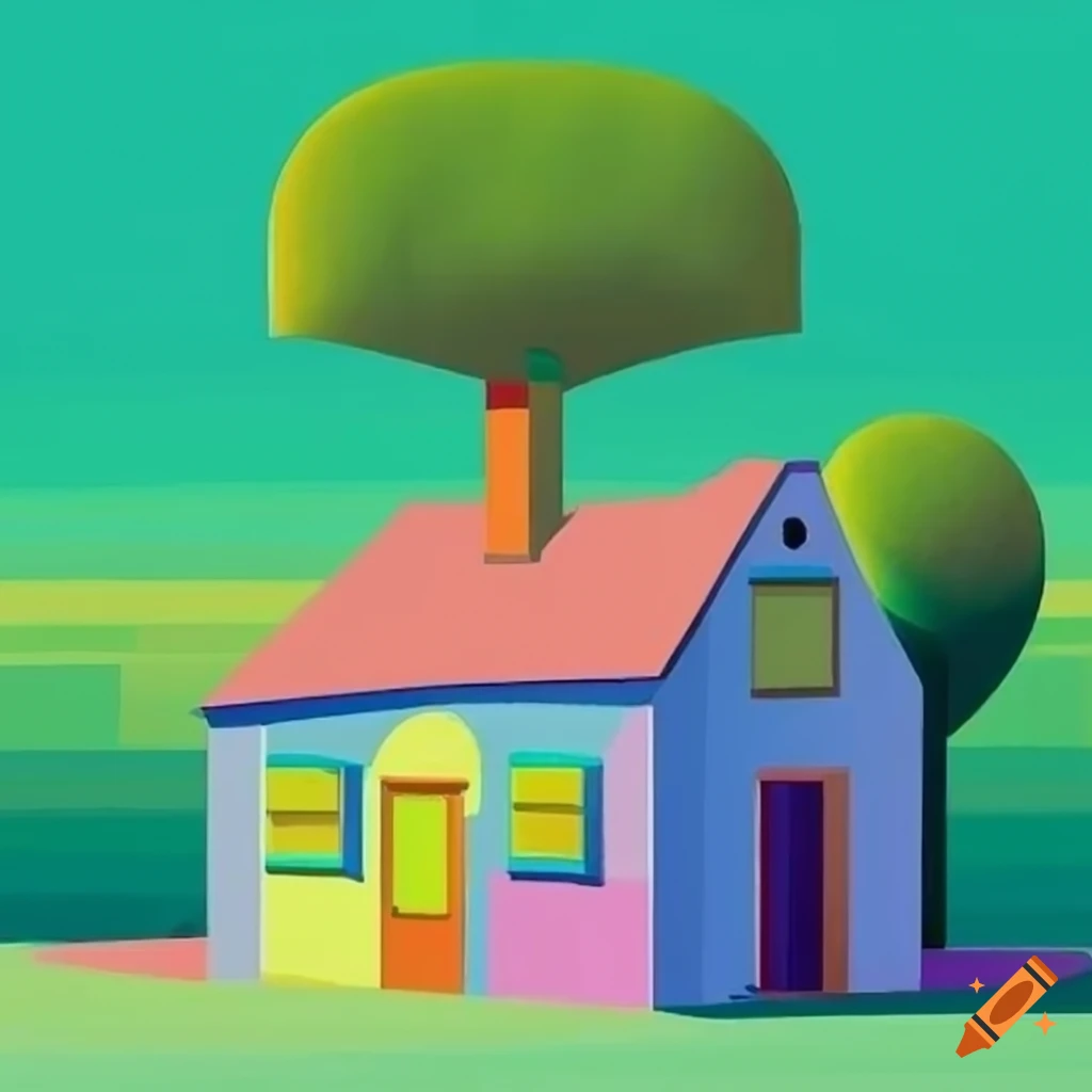 Colorful country house with tree and plant in Picasso style