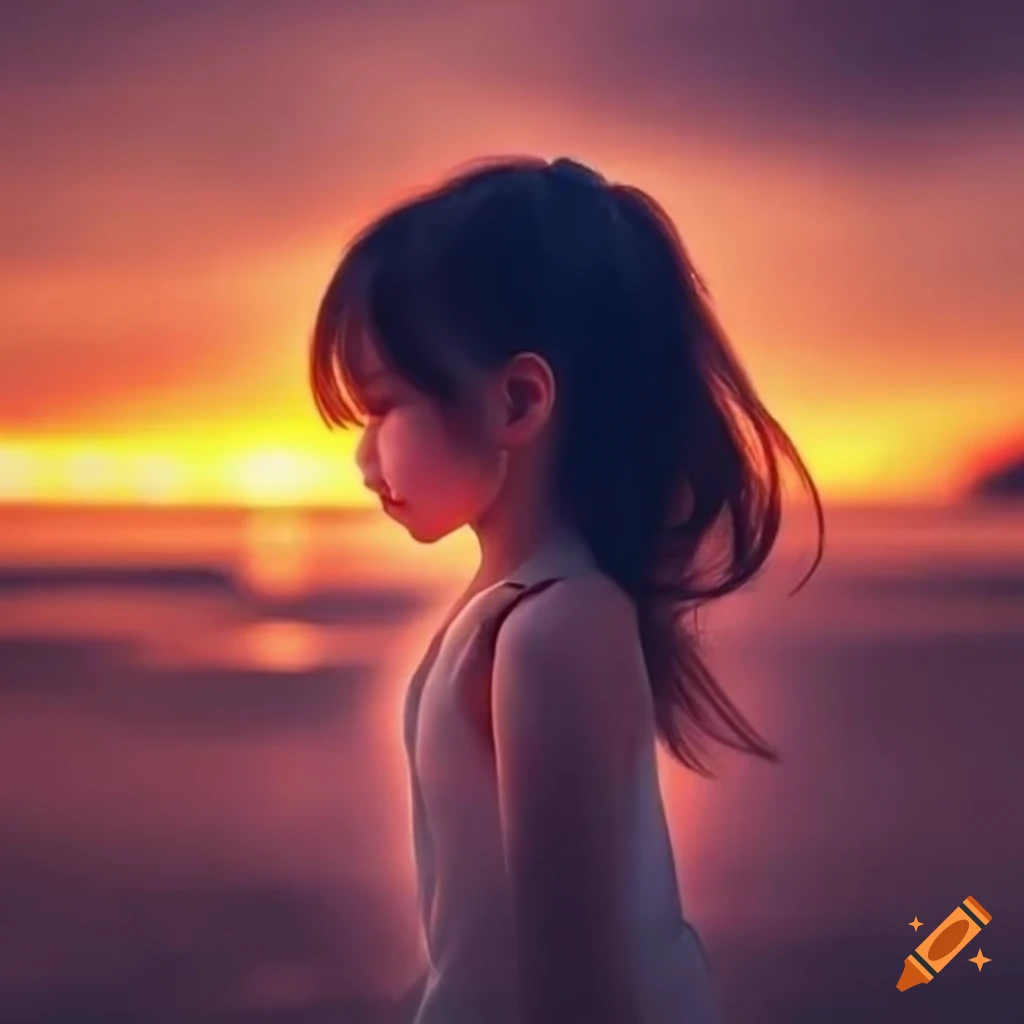 Girl sitting on a swing admiring the sunset with flying bubbles around, distant mountain peaks, and a baby sleeping next to her