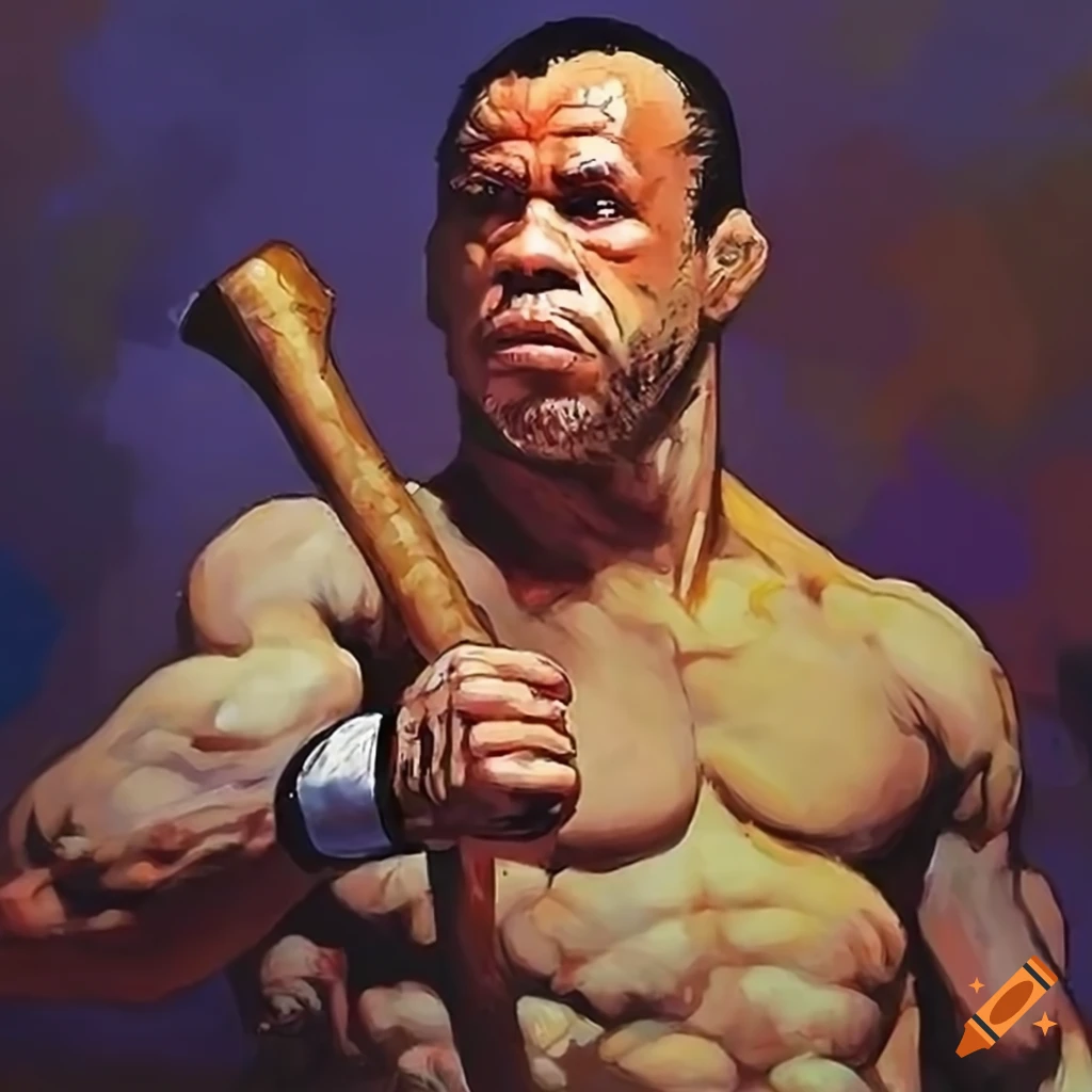 Wanderlei Silva holding an axe in an MMA octagon in the style of Frank Frazetta