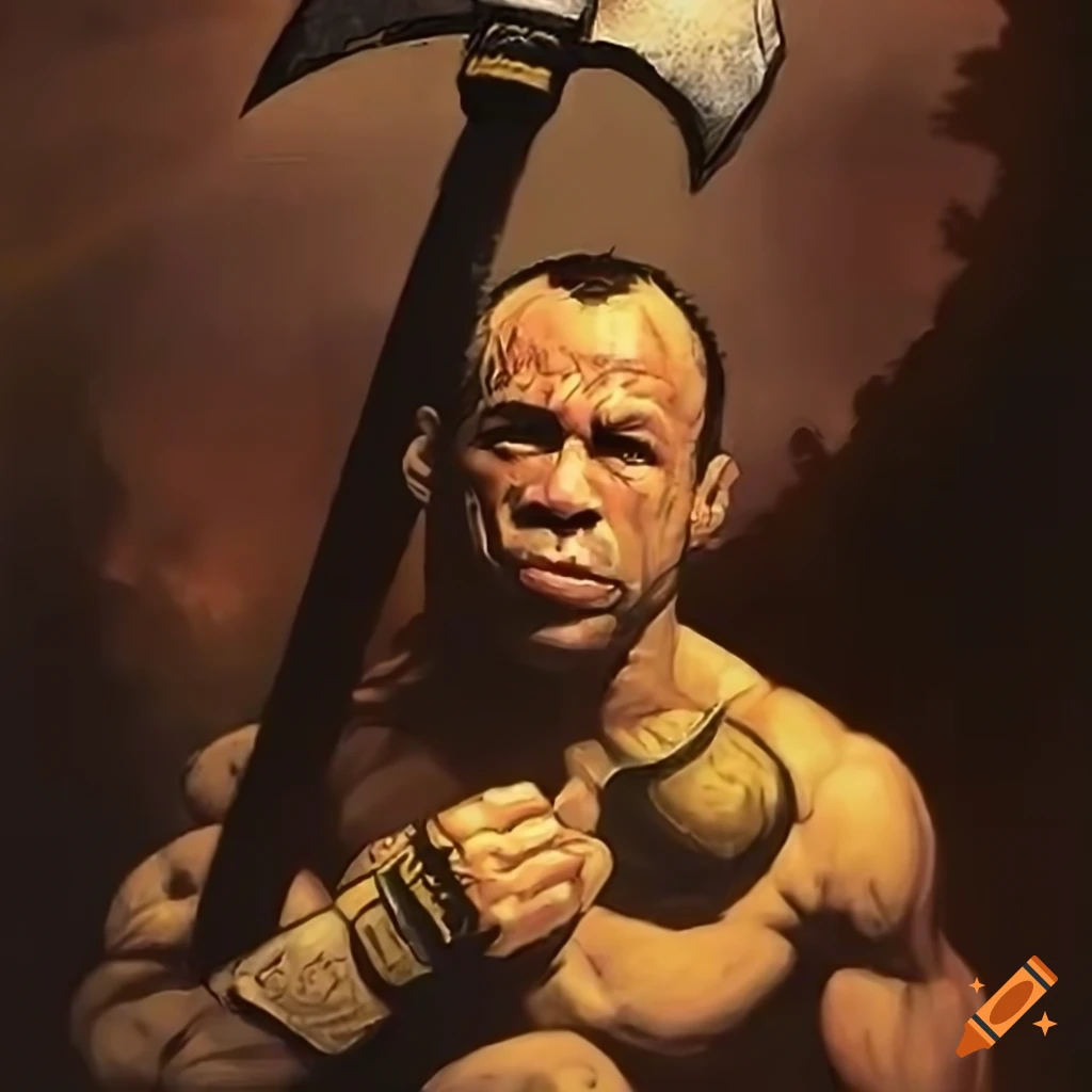 Wanderlei Silva with an axe in an MMA octagon in Frank Frazetta style
