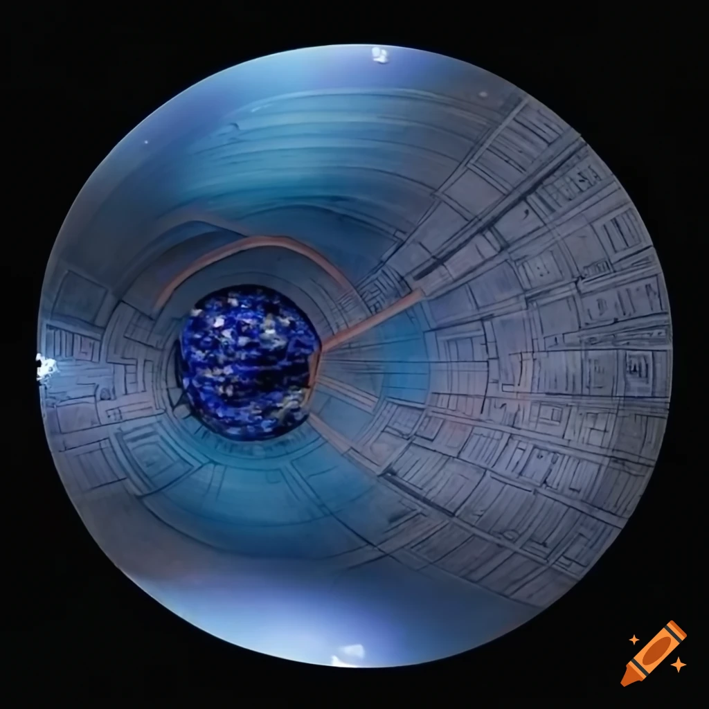 Blue and white crescent saucer spacecraft powered by mushrooms and inspired by Okuda schematics