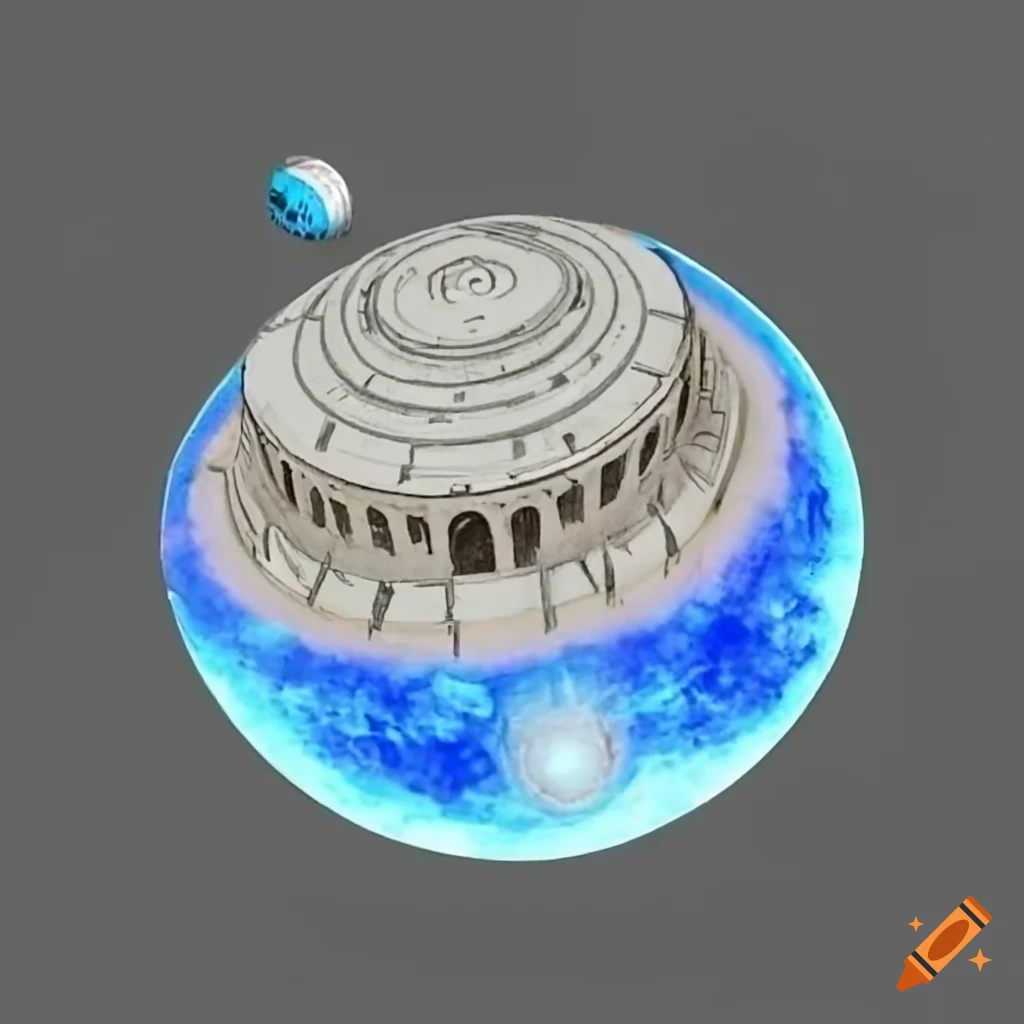 Blue and white crescent saucer spacecraft powered by golden teachers mushrooms in a futuristic design