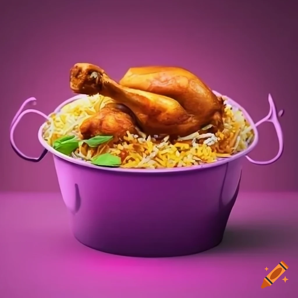 Chicken biryani in a purple bucket with chicken leg piece on top