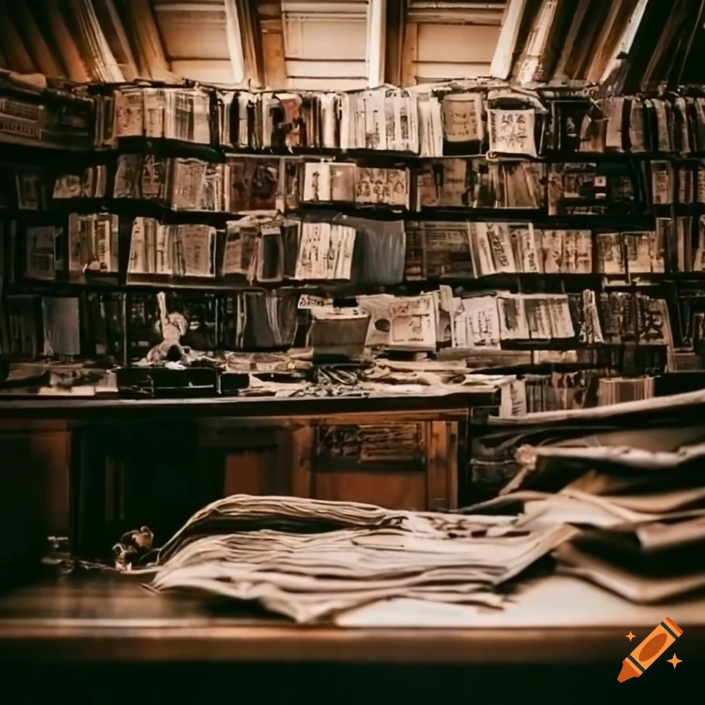 Vintage office inside a newspaper factory with stacks of newspapers
