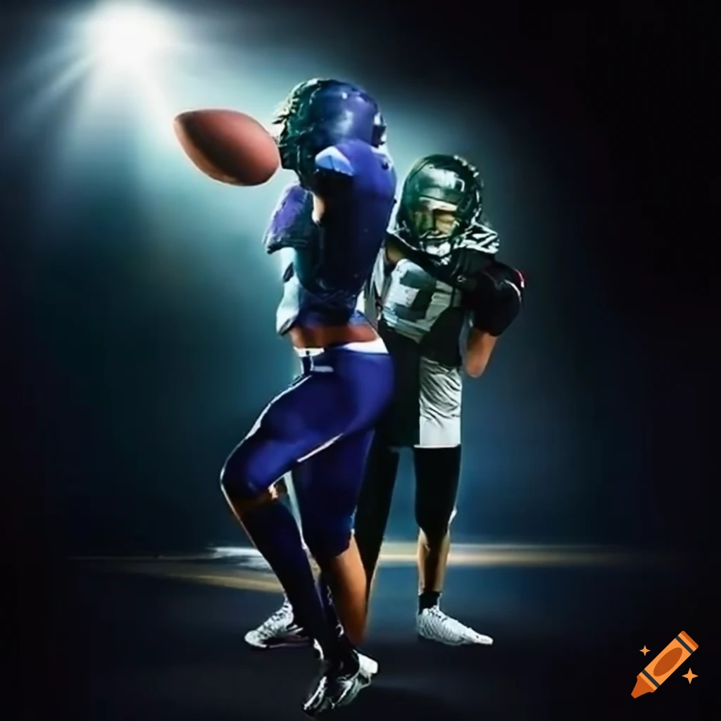 Athletic women triumphantly with American football showing team spirit