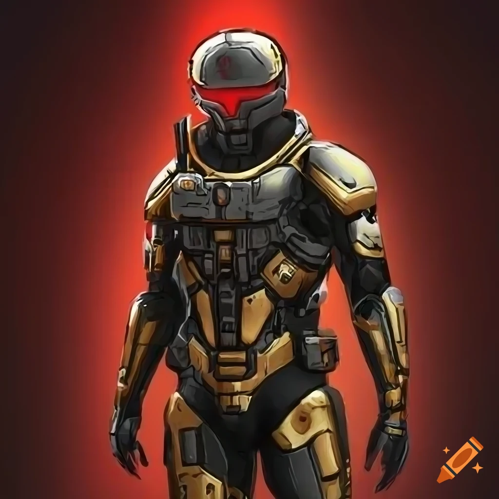 Futuristic soldier in black, gold, and red armor with rifle in hand
