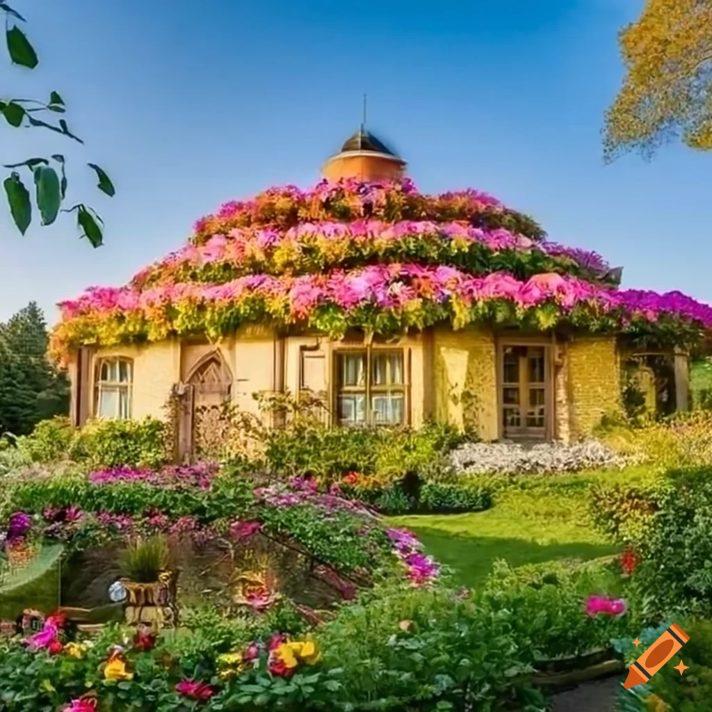 Realistic fantasy house shaped like a giant flower in an enchanted garden at golden hour