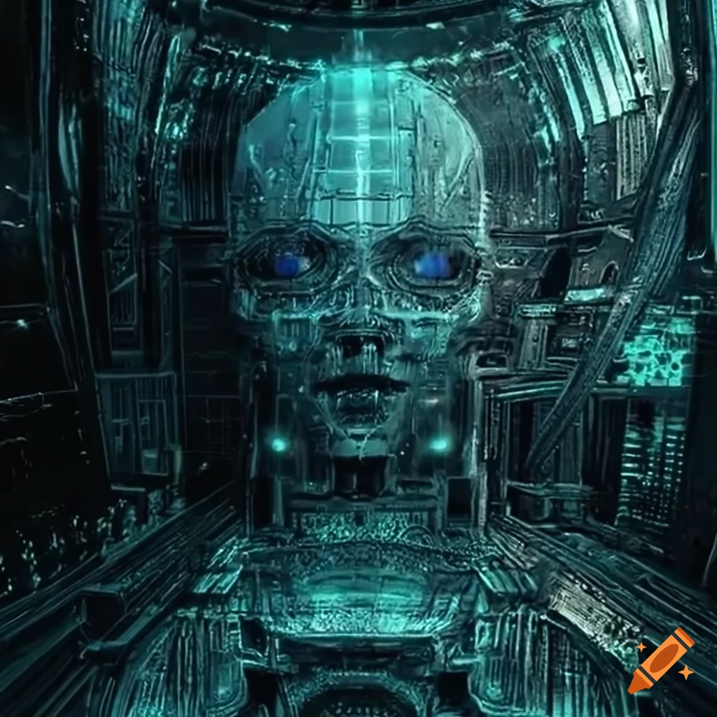 Surrealist aliens inside Giger spaceship with futuristic devices and AI interface
