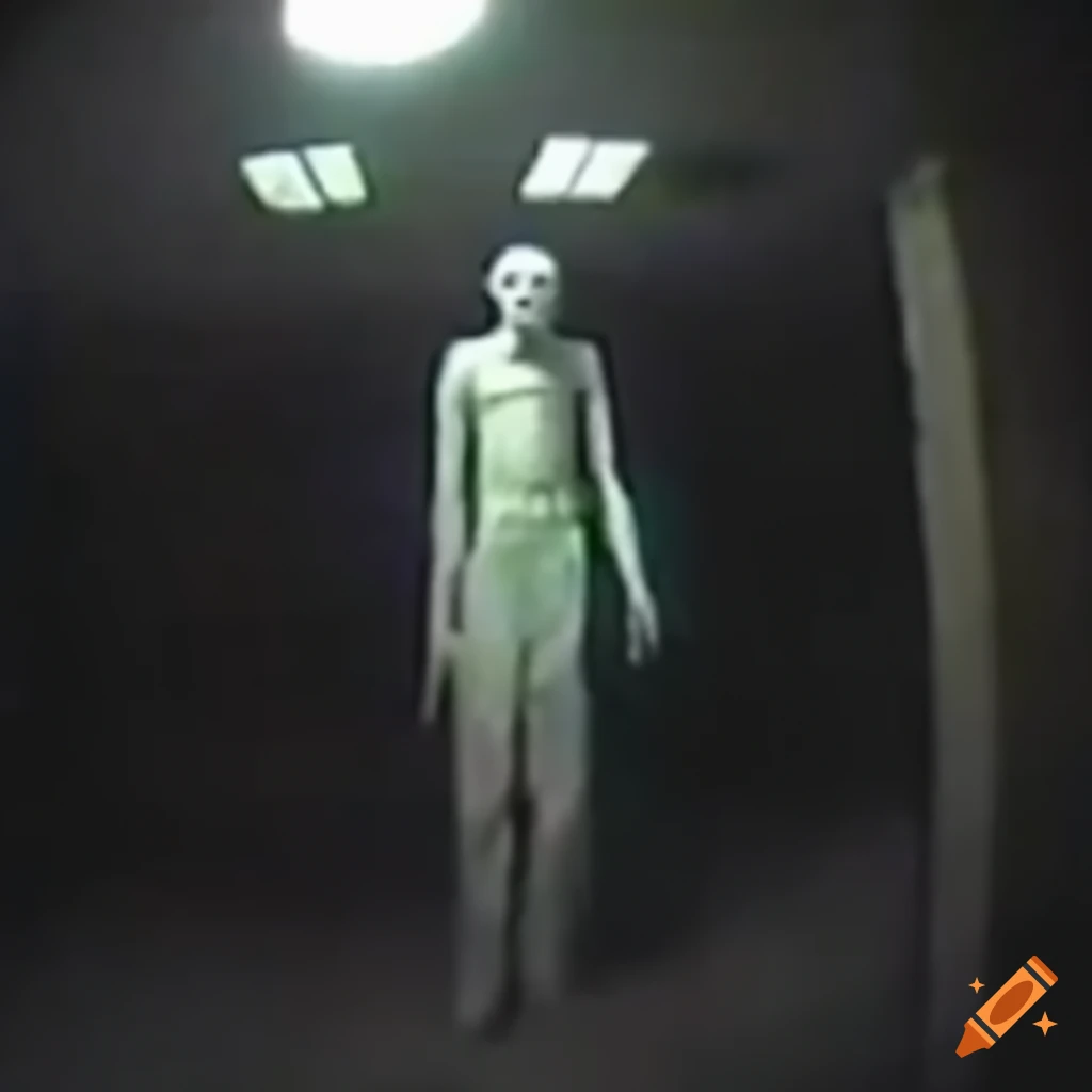 Eerie creepy humanoid creature staring into distance in low-quality security camera footage