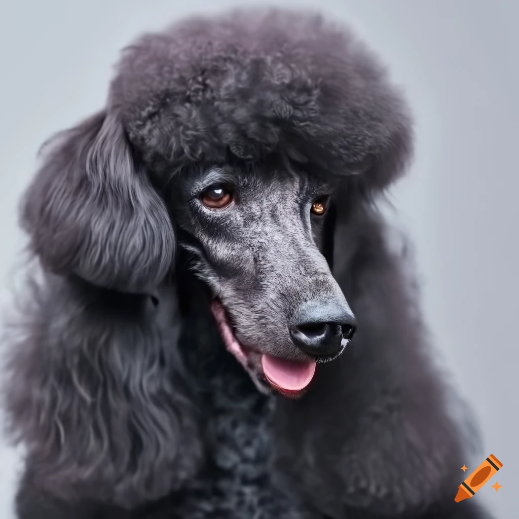 Standard poodle groomed in a home salon with black grooming table