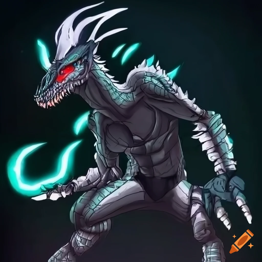 Anthro Evil Velociraptor with red eyes and bionic arm in anime art style