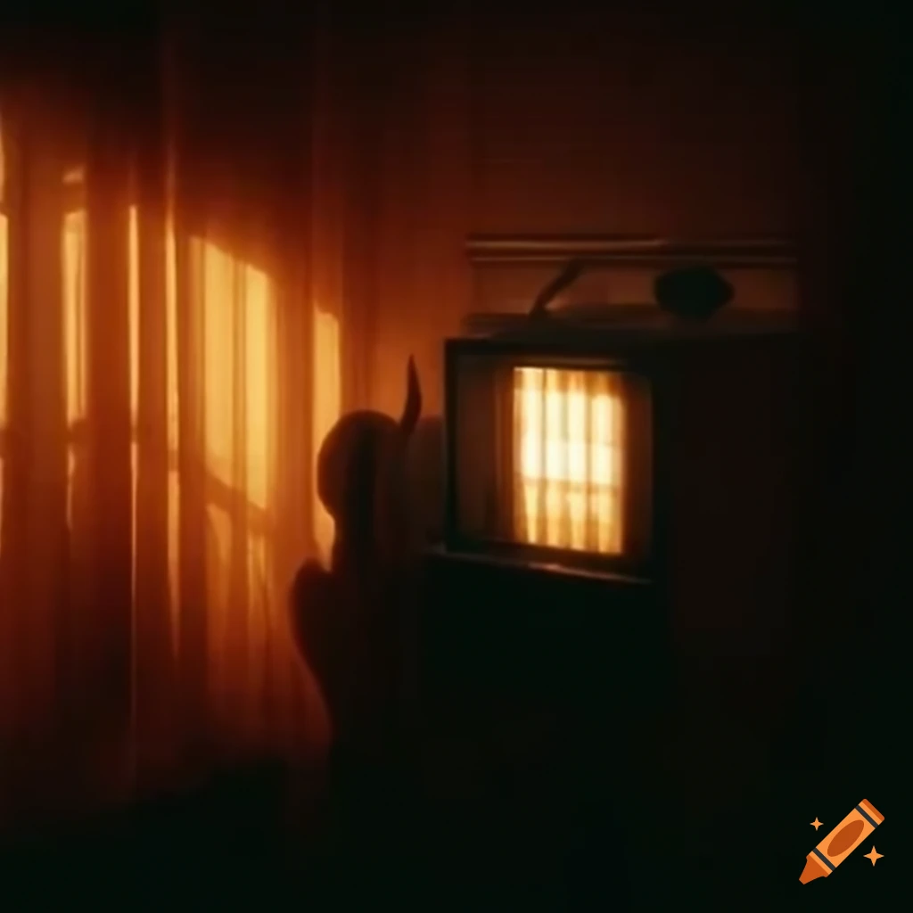 Sunlight through blinds in a dark room with an overhead fan and TV on