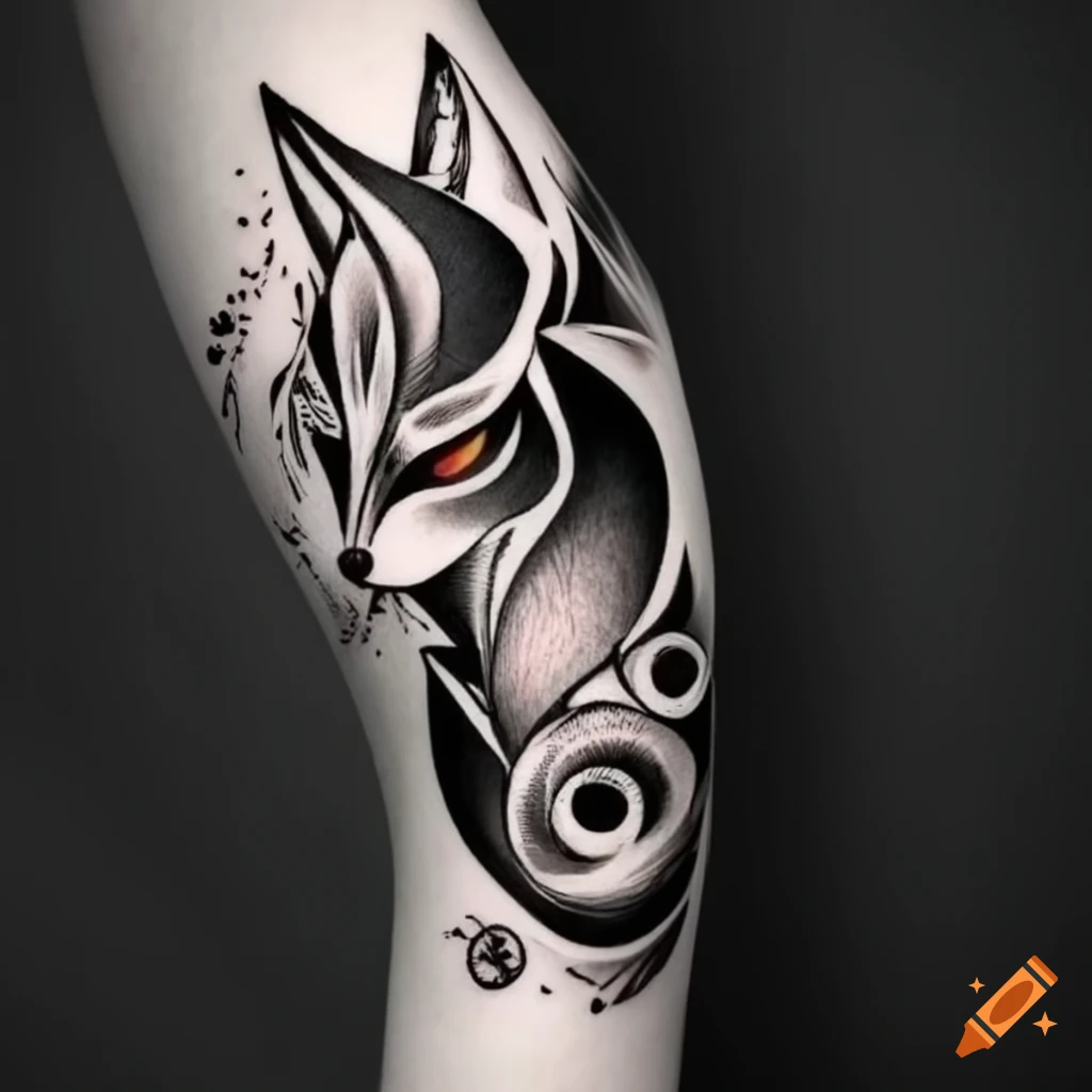 Black tattoo design featuring a kitsune in a botanical-themed graphic style