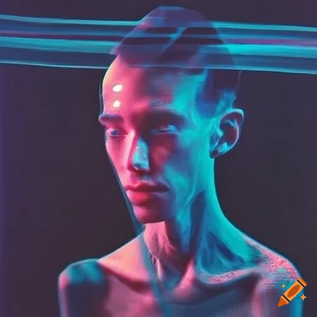 Hologram Polaroid of a 1970's skinny man with glitch effect