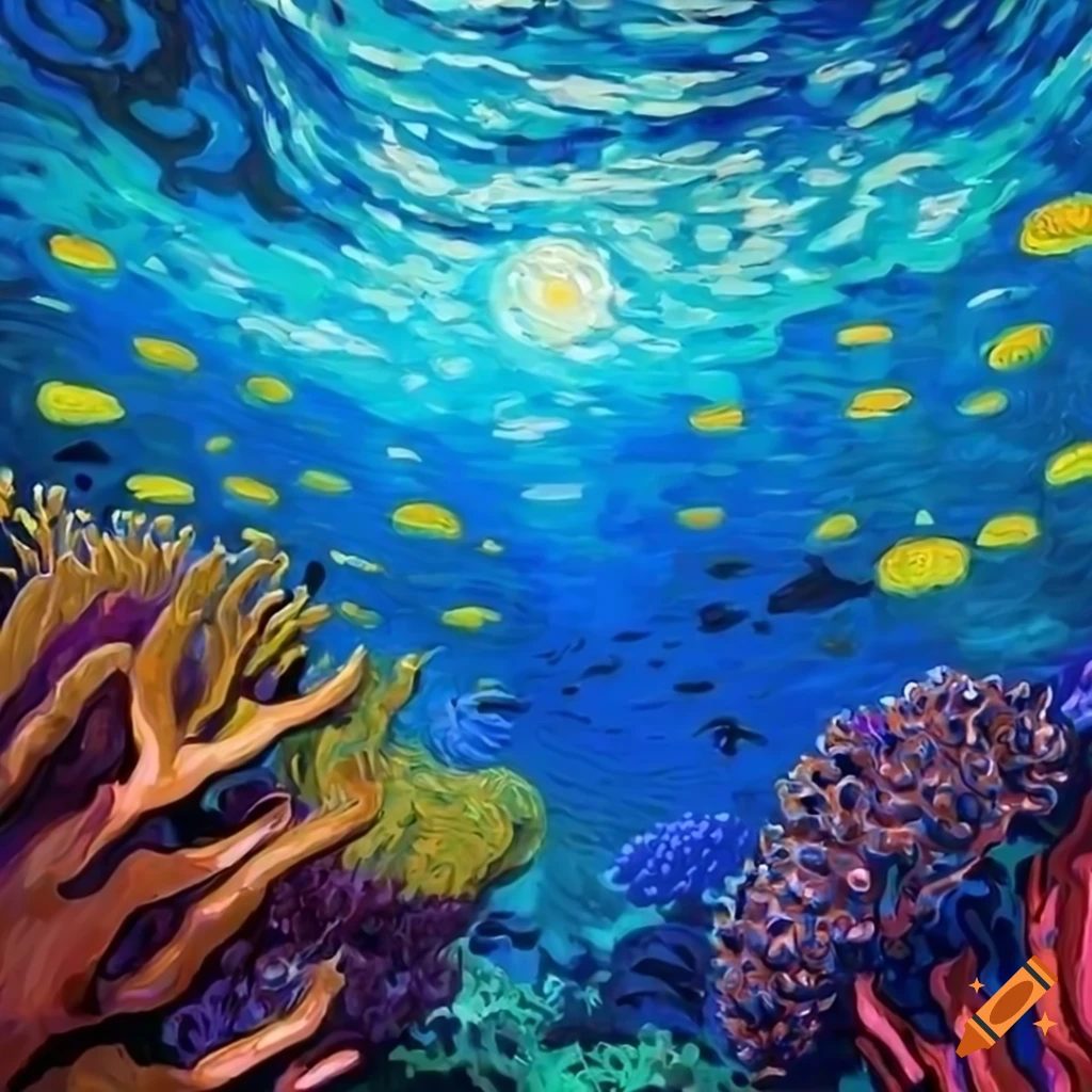 Vibrant underwater Great Barrier Reef in Van Gogh style