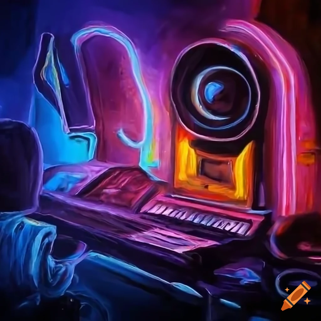 Futuristic dark music studio with neon sign 'IcyRecords'