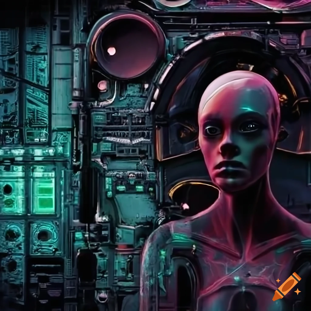 Surrealist aliens inside a Giger spaceship with futuristic AI technology